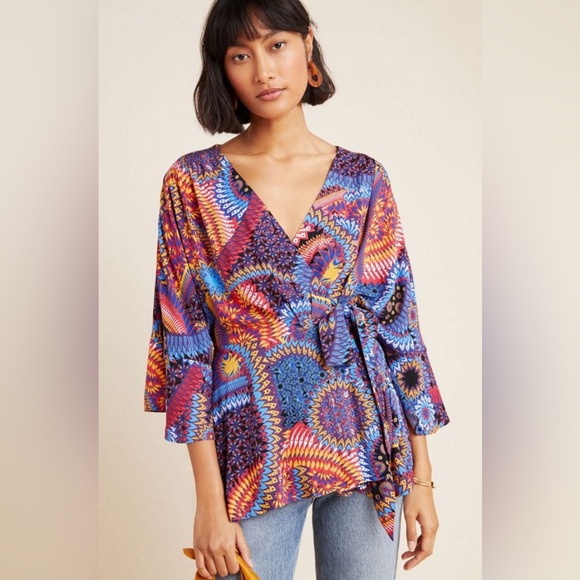 Anthropologie Tops - Anthropologie Maeve Colorful Patterned Kimono Blouse Womens 2X